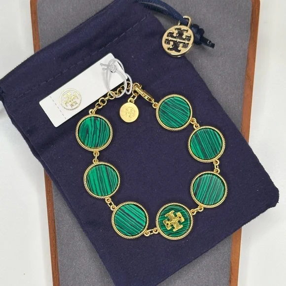 Tory Burch Malachite Link Bracelet Gold Green Logo Medallions Adjustable - Picture 3 of 6